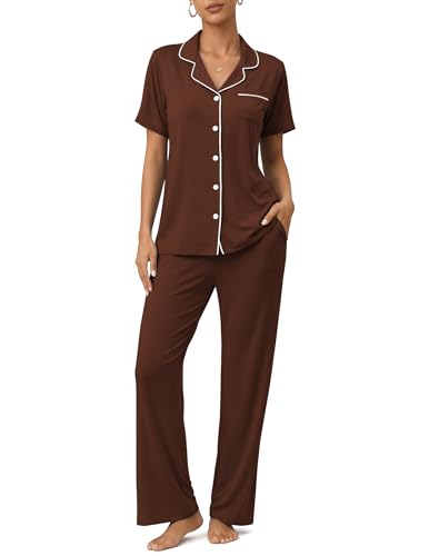 Image of ZMJ Womens Pajamas Sets 2 Piece Button Up Pj Sets Short Sleeve with Long Pant