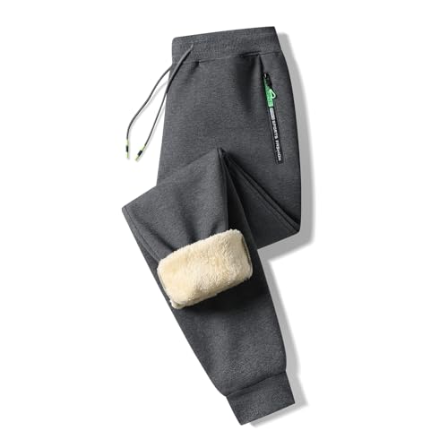 Tansozer Jogginghose Herren Baumwolle Winter Fleece Sweathose Herren Hose Trainingshose Herren Lang mit Gummizug Reißverschluss Taschen Dunkelgrau1909 2XL