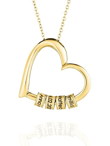 MYCLUSIV® Herzkette mit gravierten Perlen – Personalisierte Namenskette als Geschenk für Frauen & Mama – Damen Halskette aus Edelstahl mit Gravur (Gold)