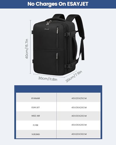 LOVEVOOK Handgepäck Rucksack 40x30x20, Reiserucksack Flugzeug Damen Herren, Carry On Luggage Travel Backpack 24l für 14 Zoll Laptop, Cabin Kofferrucksack mit USB für Arbeit Business Reisen, Schwarz
