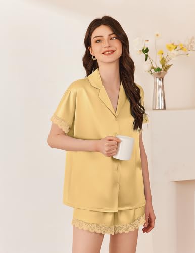 Image of Ekouaer Womens Lace Satin Pajama Set Button Down Pj Shorts Set Bridesmaids Getting Ready Outfits Casual Sleepwear XS-XXL