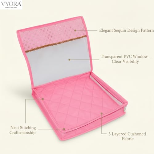 Image of Premium Saree covers for storage Pack of 3 Saree covers with zip transparent Saree bags Sequin Design Cloth organizer Cloth covers for packing Wardrobe organizer Saree pouch (Pink, Pack of 3)
