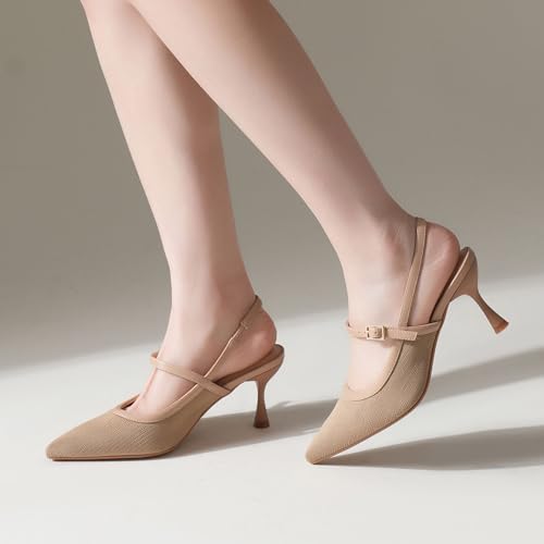 Women's Knit Pointed Toe Kitten Pumps Slingback Heels Formal Evening Wedding Party Pumps Dressy Shoes3