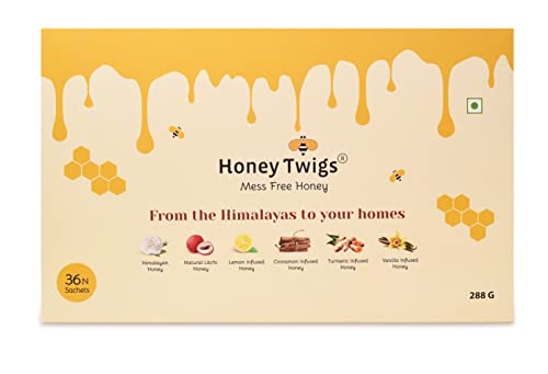Honey Twigs - Gift pack : Assorted flavours | Cinnamon, Vanilla, Lemon, Turmeric, Litchi, Himalayan honey - 36 Count x 8 g (6 Honey sticks per flavour) = 288 g | On the Go, Mess-Free