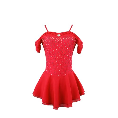 DIJITOO Vestido de patinação artística, renda strass, ombro de fora, manga curta, traje de competiçã