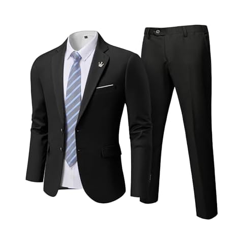 MrSure Men's 2 Piece Slim Fit Suit with Two-Button, Solid Stretch Jacket Pants & Tie Set Black Cover