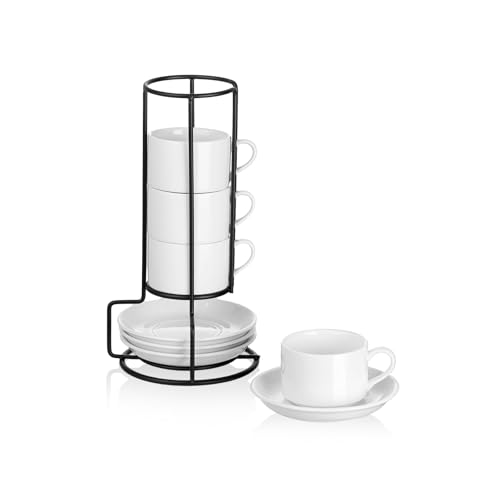 Meichu 2.5oz Espresso Cups Set of 4, Porcelain Stackable Espresso Cups with Saucers and Metal Stand Set, White Expresso Shots Cup Set for Cappuccino, Coffee Drinks, Latte, Tea