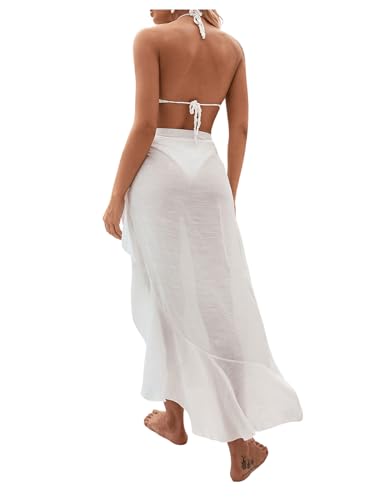OYOANGLE Women's Mesh Sheer Swimsuit Cover Up Ruffle Tie Side Beach Sarong Wrap Long Skirt2