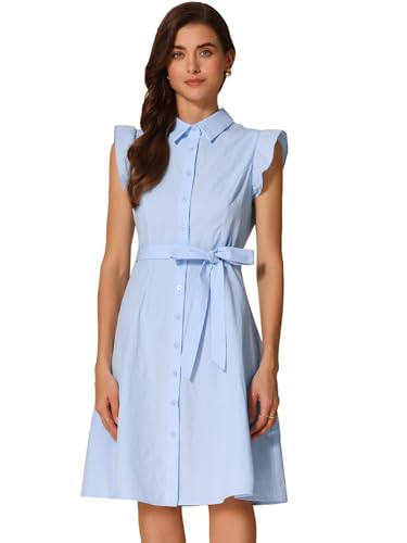 Image of Allegra K Women's Ruffled Sleeve Casual Office Dress Tie Waist Button Down Cotton Shirt Dresses