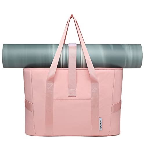 Moyaqi Yoga Tote Bag with Water Bottle Pockets Gym Bag with Yoga Mat Strap Weekender Bags for Women Men Pink
