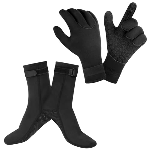 AOOSA 3mm Guantes Calcetines de Neopreno, TéRmicos y Antideslizantes Calcetines Piscina+Guante de Buceo, Unisex Gloves y Socks de Surf con Correa de Cintura Ajustable para EsnóRquel, Kayak (XL)