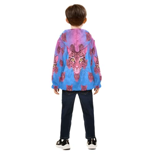 Leopard Faces Pink Toddler Fleece Jacket Girl Boys Hooded Fleece Jacket Coat Warm Outwear Zip-up 3-10T4