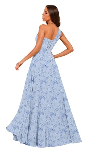 RSOETOO Chiffon Floral Bridesmaid Dresses with Pockets 2025 Long One Shoulder Split Formal Party Dress for Women RO1392