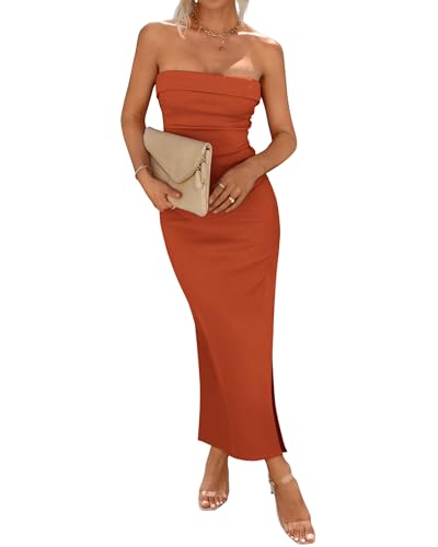 Image of BTFBM Womens Tube Strapless Maxi Dress 2025 Summer Knit Backless Slit Bodycon Wedding Party Formal Cocktail Dresses