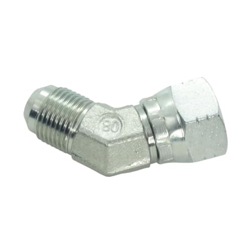 Image of 1 Piece Steel JIC Flare Tube Fitting, 45 Degree Elbow, 1 /2 inch Male JIC (3 /4 inch-16) x 1 /2 inch Female JIC (3 /4 inch-16) Swivel Tube OD