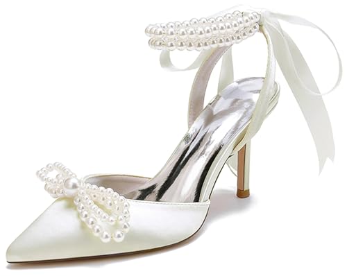 Minishion Formal Women's Dress Shoes for Wedding Beaded Slingback Evening Prom Pumps with Ribbon MS311