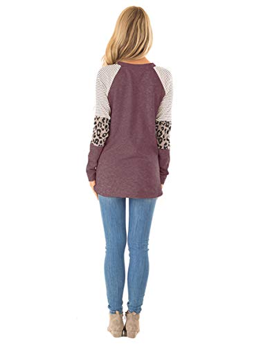 Floral Find Women's Long Sleeve Leopard Color Block Tunic Comfy Stripe Round Neck T Shirt Tops Wine Red