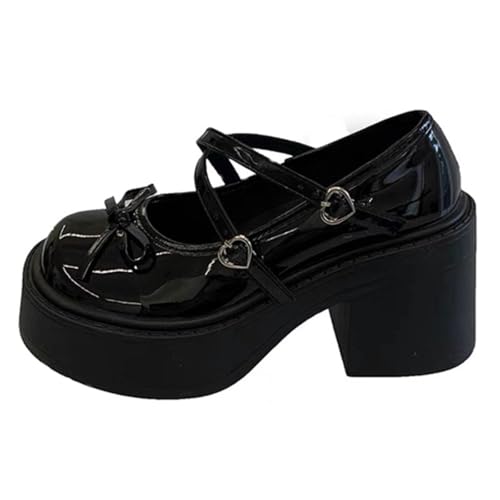 Women's Cute Bow Mary Jane Shoes Kawaii Cross Strap Round-Toe Chunky Wedge Pumps Casual Platform Shoes Cosplay Costume