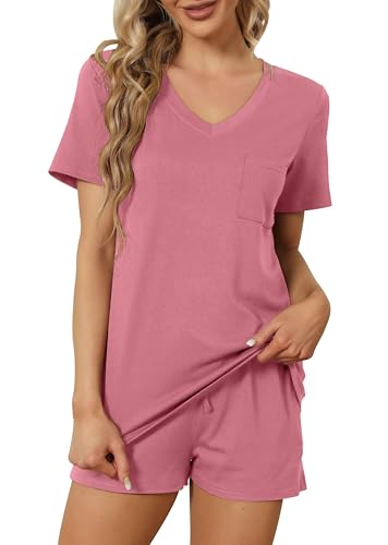 Image of RUBZOOF Women's Short Sleeve Pajama Sets with Pockets Casual V Neck 2 Piece Lounge Sets S-3XL
