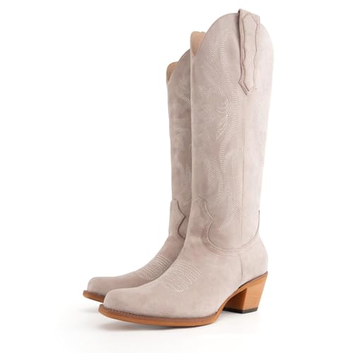 Image of KaroNairy Women Cowboy Boots Faux Suede Embroidered Pointed Thick Heeled Western Wide Calf Cowgirl Ponited Toe Mid Calf Boots