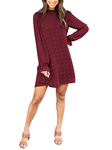 Adibosy Women's Dress Long Sleeve Swiss Dot Mini Dresses Round Neck Loose Chiffon Casual Short Dress Wine Red M
