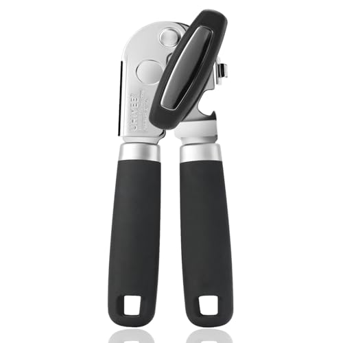 Manual Can Opener, UHIYEE Handheld Can Opener Heavy Duty with High Carbon Sharp Blade, Ease Can Open for Seniors with Comfort Grip Handles, Oversized Turn Knob, Black