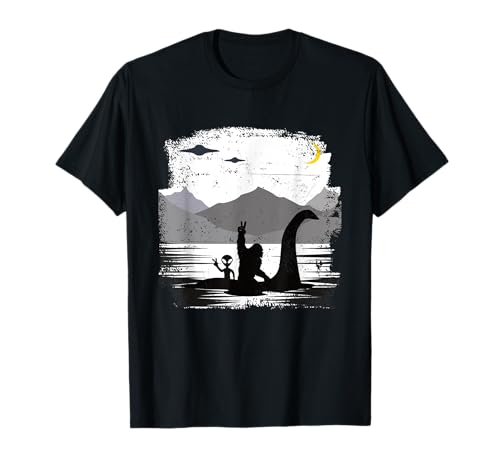 Cryptozoology Funny Bigfoot Alien Riding Loch Ness Monster T-Shirt