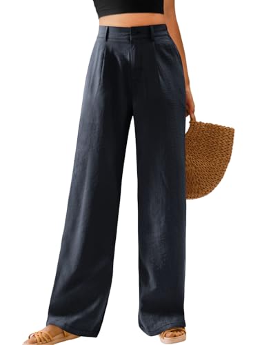 Image of Feiersi Womens Casual Wide Leg Pants High Waisted Button Down Straight Long Trousers Palazzo Pants