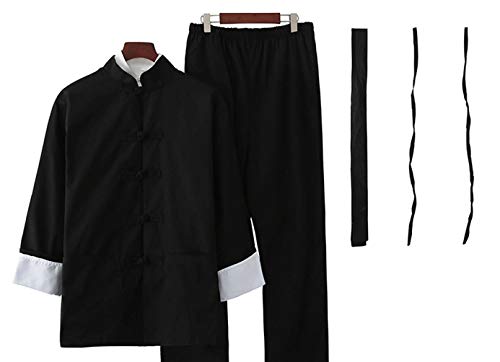 DJF Men's Cotton Linen Kung Fu Suit Chinese Martial Arts Uniform Meditation Suit Roll-Up Sleeve Frog Button Jacket Pants Outfit (Black, L) - Thumbnail 6