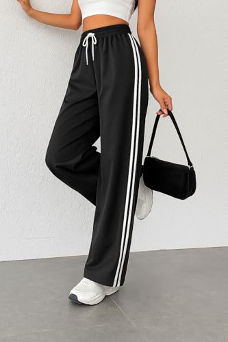 Image of SAKHWALA Women Track Pant | Women's Wide Leg Track Pants High Waist Drawstring Sweatpants with Side Stripes, Casual Loose Fit Lounge Joggers, Dark Grey
