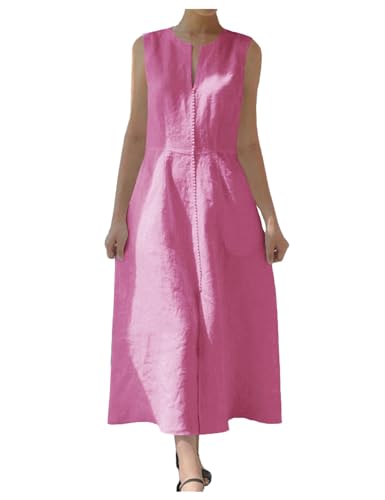 Image of Ladyful Women's Sleeveless Cotton Linen Midi Dress V Neck A Line Tank Dress