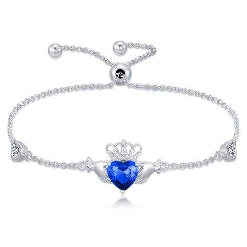 Claddagh Bracelet 925 Sterling Silver Irish Claddagh Bracelet with 12 Months Heart Birthstone Irish Good Luck Jewelry Gifts for Women