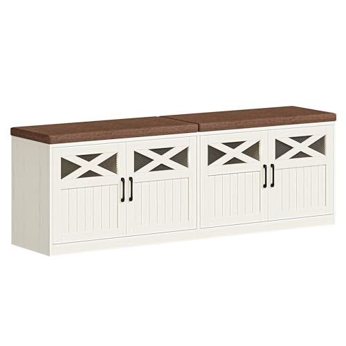 Hzuaneri 2 Tier Shoe Storage Bench with Doors, 59" Farmhouse