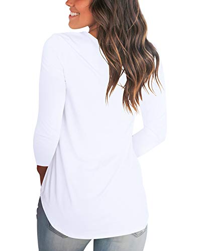 NIASHOT Womens T-Shirt V Neck Long Sleeve Loose Casual Plain Tops White L