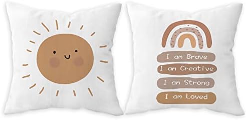 FLDAS Inspirational Quote I Am Brave Creative Strong Loved Decorative Throw Pillow Covers,Boho Sun Sunshine Rainbow Pillow Cases Cushion For Home Kids Room Nursery,Kids Teens Gifts,18×18 Inch Set of 2