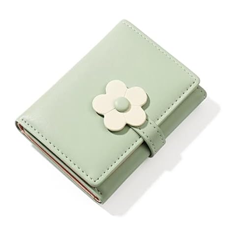 Fycyko Compatible with Wallets Girls Womens Coin Purse Multi-Slots Credit Card Holder Folding Wallet Cute Flowers Button Design Purse Gifts-Green Cover