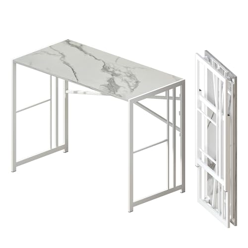 Folding Computer Desk 40 inch Writing Gaming Computer Camping Desk, No Assembly Required Home Office Table, White Marble