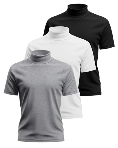 Huukeay 3 Pack Men's Big and Tall Turtleneck Shirt, Cotton Short Sleeve Mock Neck Tops Loose Fit Basic Casual Undershirt Tee3