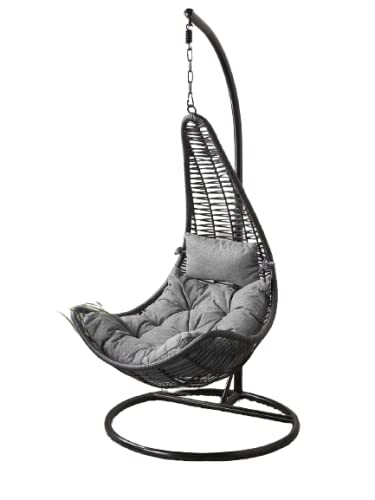 Image of Hindoro Rattan Wicker Wrought Iron Single Seater Swing Chair with Stand&Cushion&Hook Outdoor || Indoor || Balcony || Garden || Patio || Living Outdoor Furniture(Grey,Unique Shape),(107 X 107 X 203Cm)