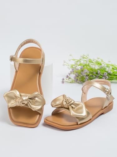 OYOANGLE Girl's Metallic Bow Decor Sqaure Open Toe Sandals Ankle Strap Dress Shoes2