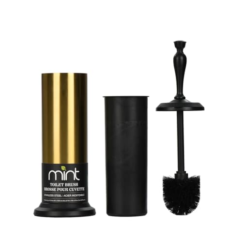 Image of J&V TEXTILES Toilet Brush, Toilet Bowl Brush with Extra Long Handle Durable Bristles Toilet Scrubber and Covered Holder for Toilet Brush Set for Bathroom Cleaning (Aged Brass /Matte Black)