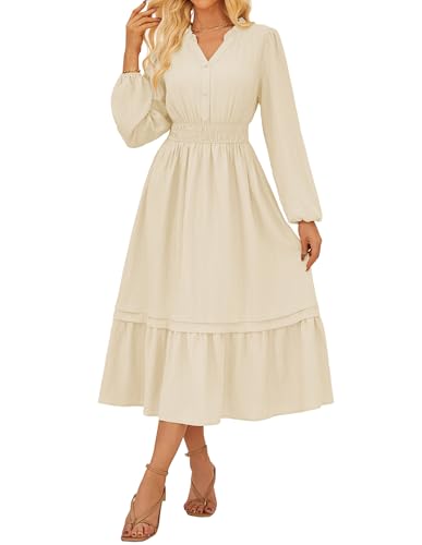 Kleider Damen Sommer Wickelkleid Freizeitkleid Elegante Lang Boho Maxikleid A-Linien Langarm Rüschen Saum Partykleid Apricot XXL