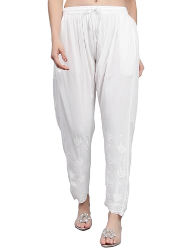 Image of Seva Chikan Hand Embroidered Lucknowi Chikankari White Viscose Georgette Trouser Palazzo for Women SCL11027