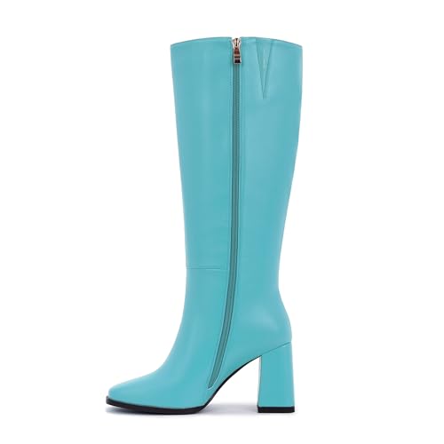 Image of Knee High Boots for Women - Wide Calf Boots with Zipper, Square Toe Tall Leather Boots, Chunky Heel Fashion Long Boots
