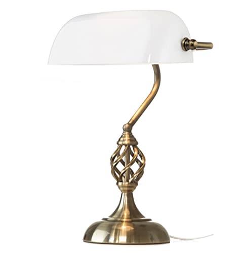 Kingswood Barley Twist Traditional Bankers Lamp - Antique Brass - Opal Glass - Desk/Table Lamp