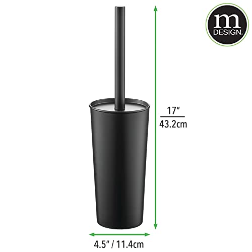 Image of mDesign Metal Freestanding Slim Toilet Bowl Brush and Holder + Rectangle Narrow 5 Liter / 1.3 Gallon Step Pedal Trash Can Wastebasket for Bathroom - Small, Compact Design - Set of 2 - Black