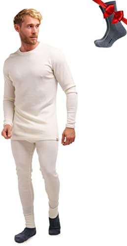 Merino.tech Men’s Thermal Underwear in Merino Wool, Men’s Light Top and Pants Thermal Set with Socks, Medium, Heavy