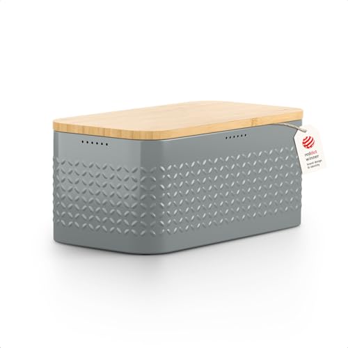 Image of LARS NYSOM Bread Box I Metal bread box for long lasting freshness with non-slip pads I Baked goods Bin with bamboo lid usable as cutting board I 13.6x7.3x6.2in (Ash Gray)