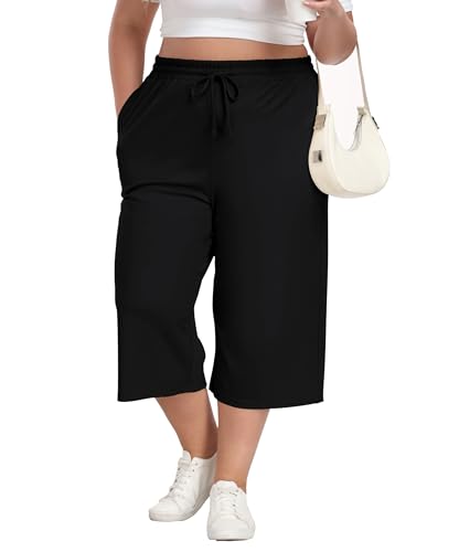 Cheapestbuy Women's Plus Size Capris Wide Leg Crop Casual Pants Comfy Summer Pants with Pockets Drawstring