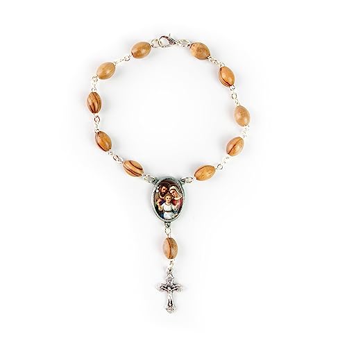 Olive Wood Car Rosary For Rearview Mirror From The Holy Land Of Bethlehem - Auto Rosary With Holy Family (Dark) Medal & Crucifix Cross Charm - 7